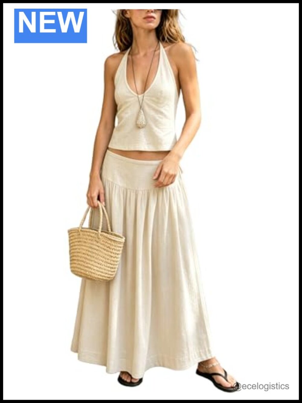Women's Two-Piece Lounge Set Halter Top Maxi Skirt Linen Blend Pockets